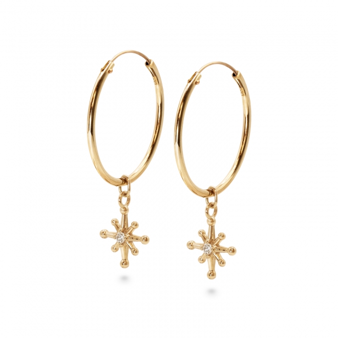 Gold Tube Hoop Earrings with Solitaire Diamond Star Charm