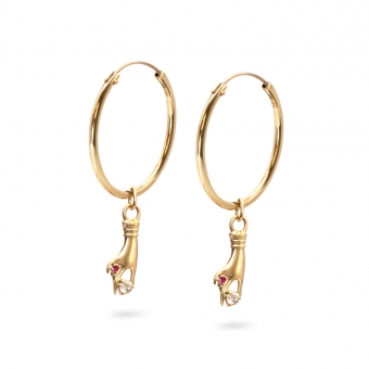 Gold Tube Earrings Diamond/Ruby Hand Charm