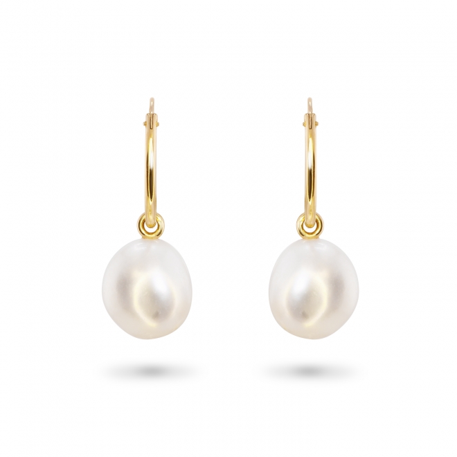 Classic Gold Tube Hoop Earrings with Fresh Water Pearl (by Pair)