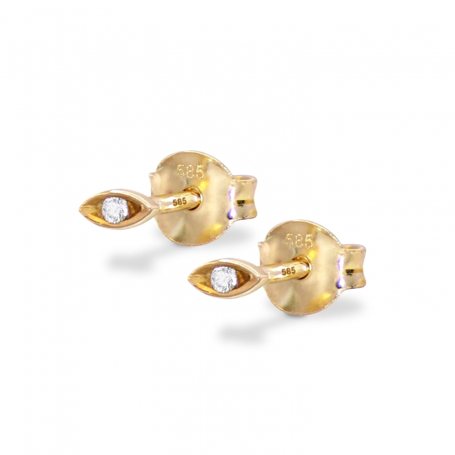 Gold Eye Shape Stud Earrings with Solitaire Gemstone