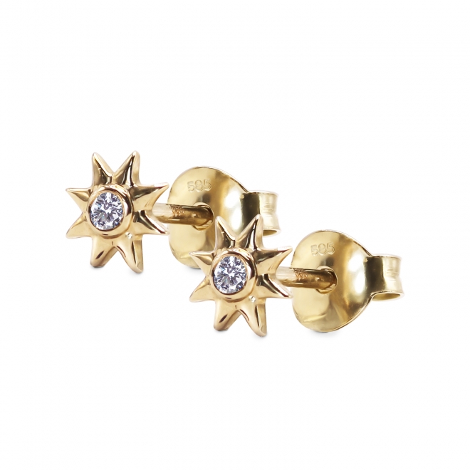 8 Points Star Octagram Gold Stud Earrings with Solitaire Gemstone