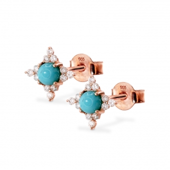 Flower with Cabochon Turquoise and Diamonds Stud Earrings