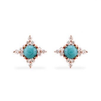 Flower with Cabochon Turquoise and Diamonds Stud Earrings