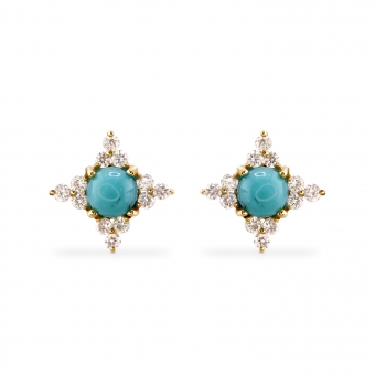 Flower with Cabochon Turquoise and Diamonds Stud Earrings Flower with Cabochon Turquoise and Diamonds Stud Earrings