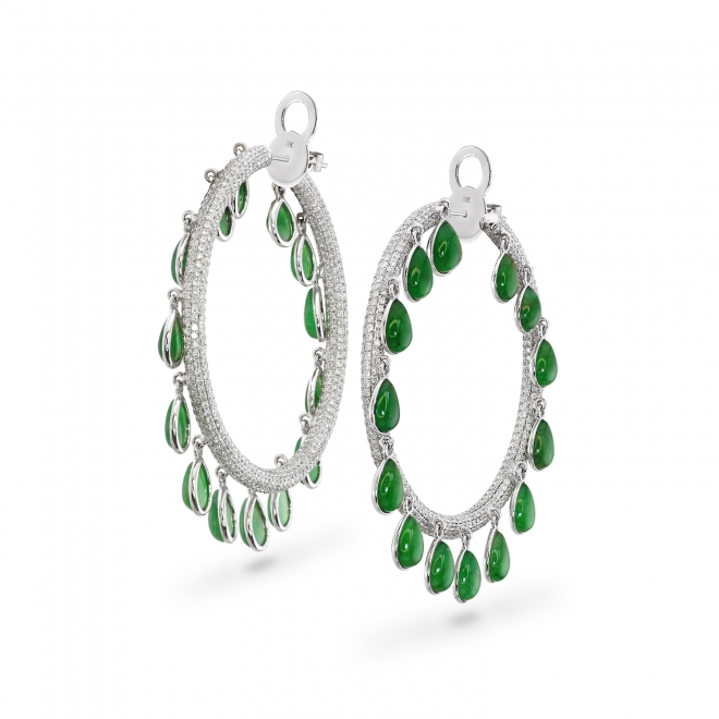 Cabochon Pear Shape Green Jade Dangling Hoop Diamonds