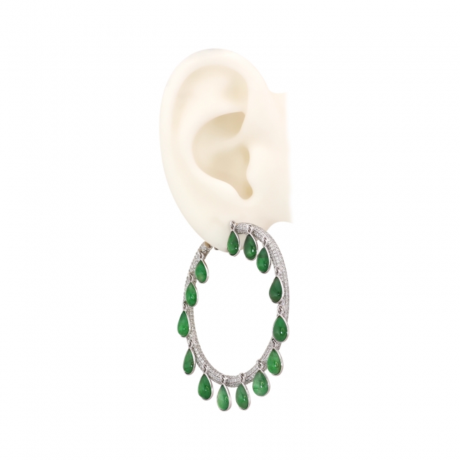 Cabochon Pear Shape Green Jade Dangling Hoop Diamonds