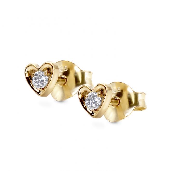 Heart Shape Gold Stud Earrings With 2 Diamonds