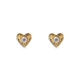 Heart Shape Gold Stud Earrings With Solitaire Diamonds