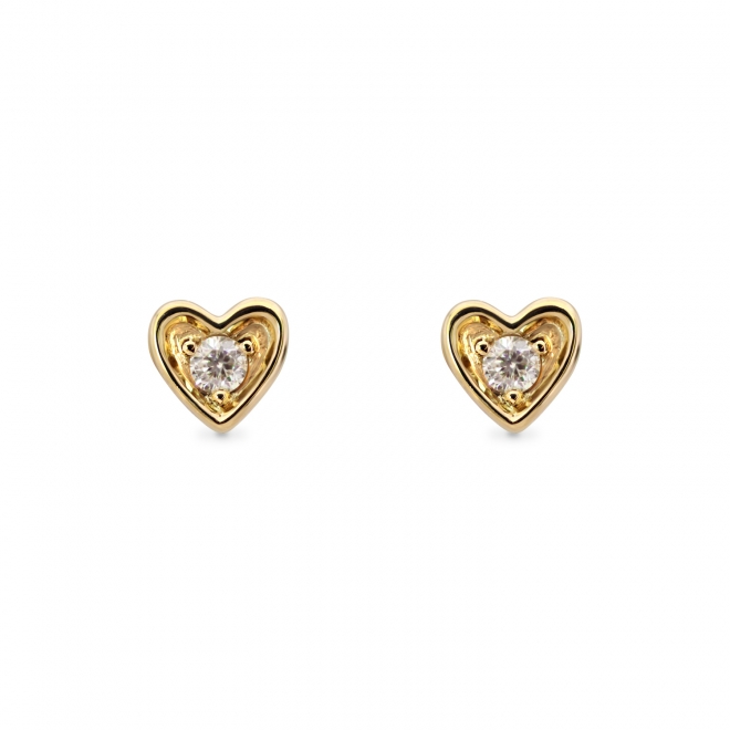 Heart Shape Gold Stud Earrings With Solitaire Diamonds