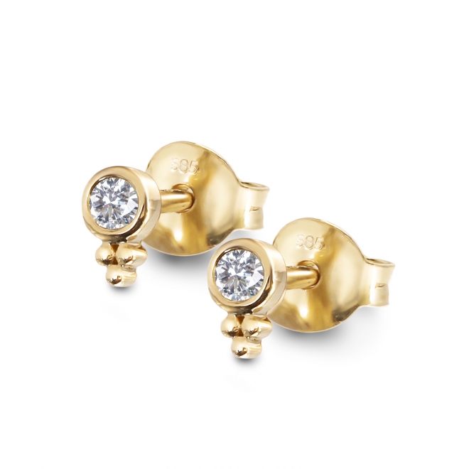 Crown Shape Gold Stud Earrings with 2 Diamonds