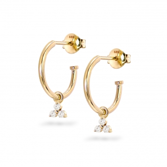 Inner Hoop Stud Earrings with Three Diamonds Petal Flower Charm