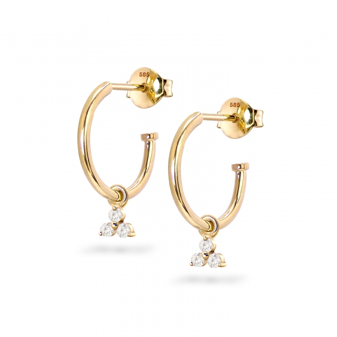 Inner Hoop Stud Earrings with Three Diamonds Petal Flower Charm