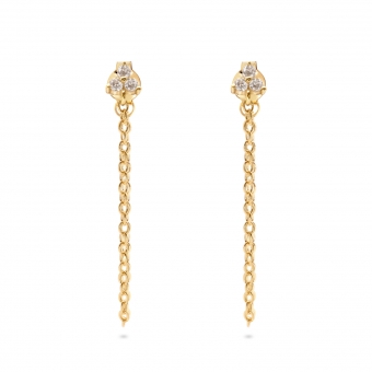 Yellow Gold Chain Stud Earrings with 3 Diamonds
