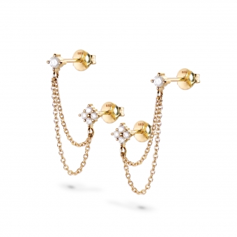 Flower and Solitaire Diamond Stud Earrings with Linking Cable Chain