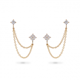 Flower and Solitaire Diamond Stud Earrings with Linking Cable Chain