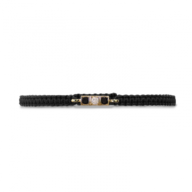 Solid Gold Row Square Channel Setting Macramé Bracelet with Black Diamond and Diamond
