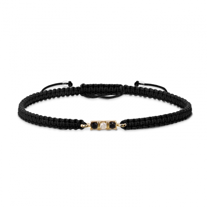 Solid Gold Row Square Channel Setting Macramé Bracelet with Black Diamond and Diamond