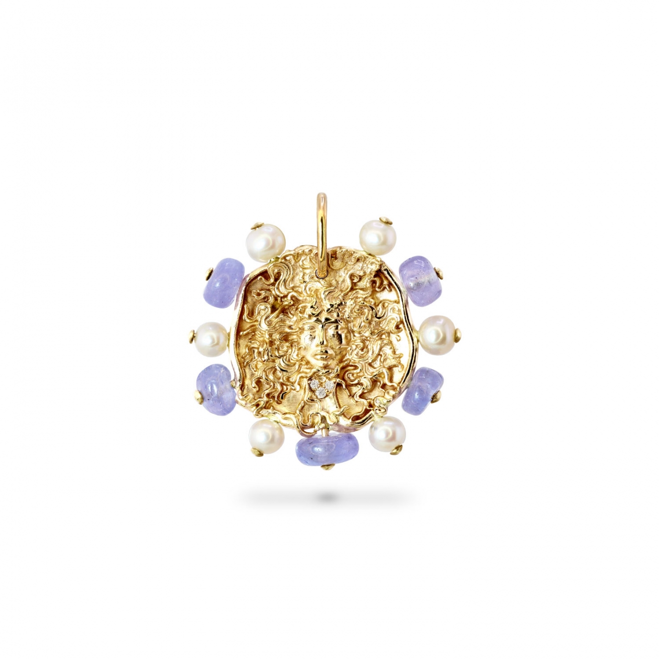 Gold Medusa Superstition Protection Pendant with Diamonds, Pearls, and