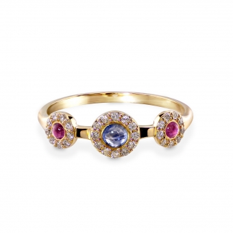 Cabochon Sapphires and Diamonds Halo Setting Gold Ring