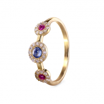 Cabochon Sapphires and Diamonds Halo Setting Gold Ring