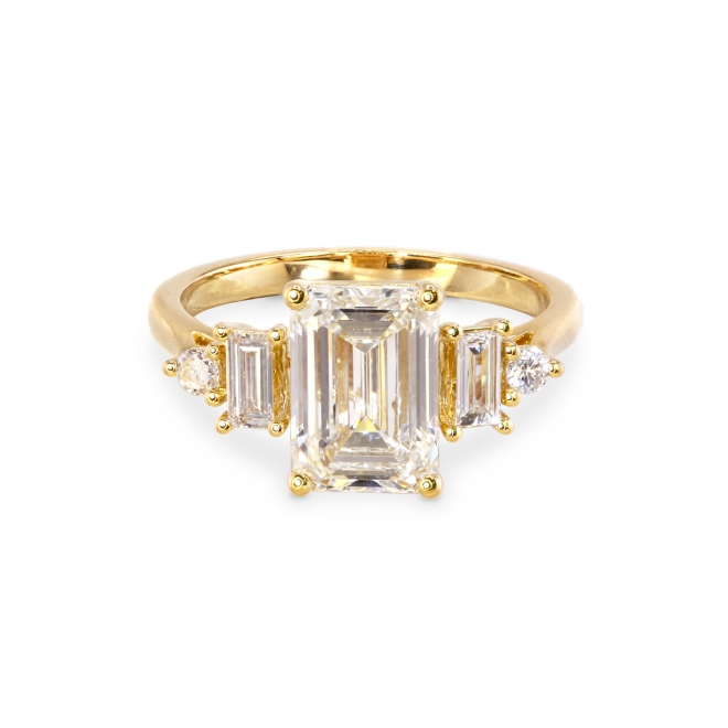 Emerald Cut Diamond with Baguette and Round Diamonds Engagement Ring