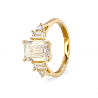 Emerald Cut Diamond with Baguette and Round Diamonds Engagement Ring