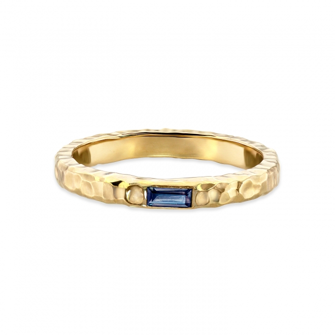 Solitaire Baguette Gemstone Hammer Finished Gold Ring