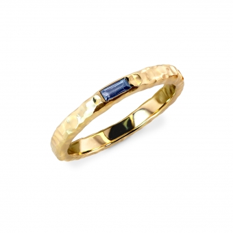 Solitaire Baguette Gemstone Hammer Finished Gold Ring
