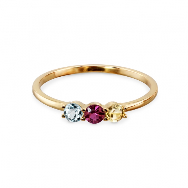 Tri-Gemstone Shared Prong Setting Gold Ring