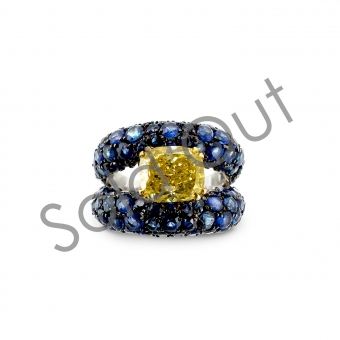 Natural Fancy Intense Yellow Diamond Ring with Blue Sapphires