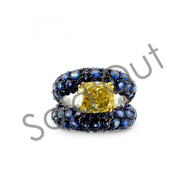 Natural Fancy Intense Yellow Diamond Ring with Blue Sapphires