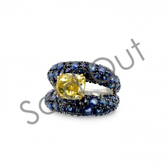 Natural Fancy Intense Yellow Diamond Ring with Blue Sapphires