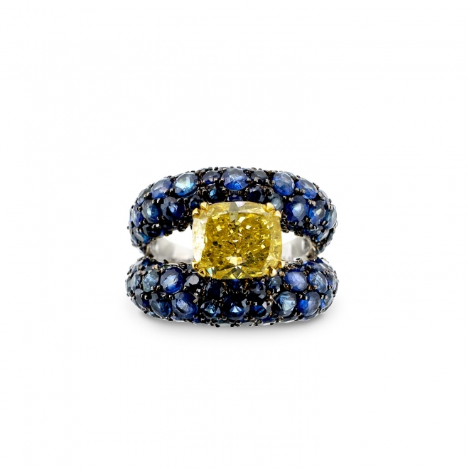 Natural Fancy Intense Yellow Diamond Ring with Blue Sapphires