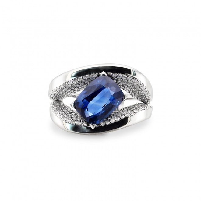 Cushion Cut Blue Sapphire Tidal Cuff Modern Gold Ring