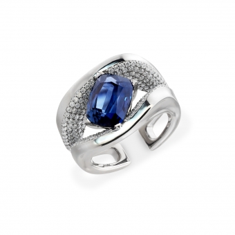 Cushion Cut Blue Sapphire Tidal Cuff Modern Gold Ring