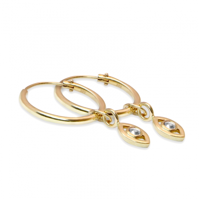 Gold Tube Hoop Earrings with Solitaire Eye Charm