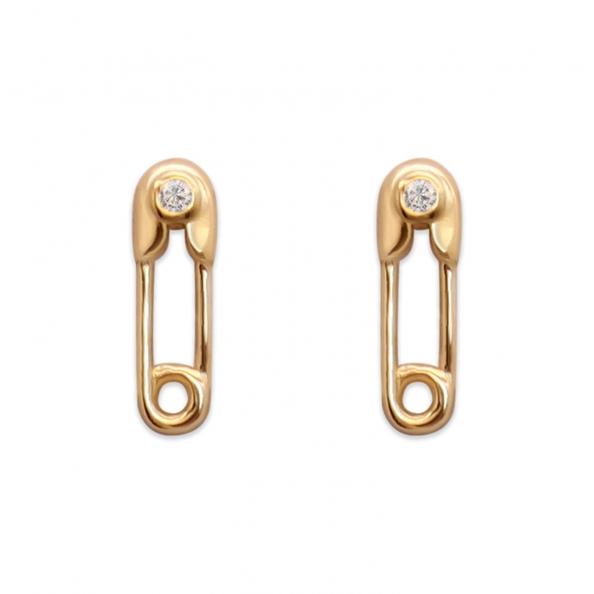 Safety Pin Shape Stud Earrings with Solitaire Diamond