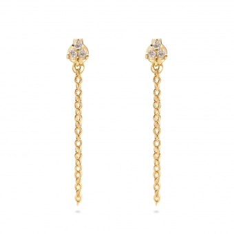 Yellow Gold Chain Stud Earrings with 3 Diamonds