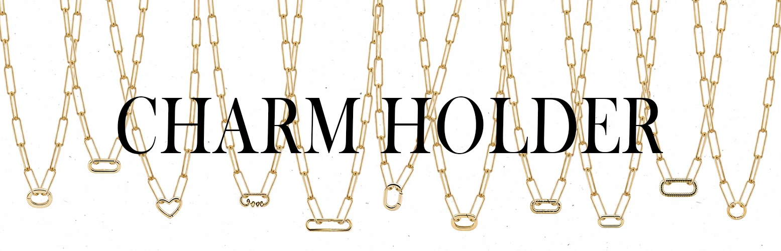 Gold charm holders on paperclip chain necklaces