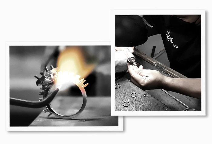 Jewelry craftsmanship at Play With Diamonds: ring work and a jeweler at the bench