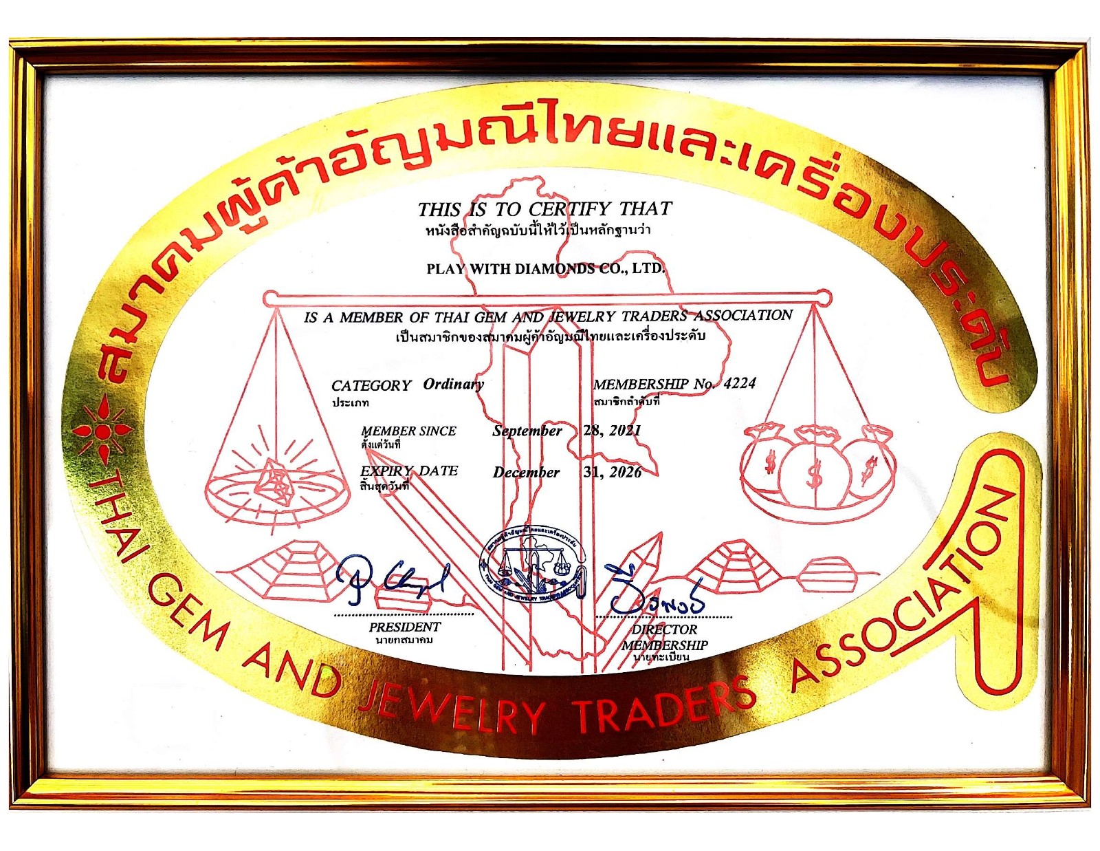 Play With Diamonds TGJTA membership certificate No. 4224, valid until 31 December 2026